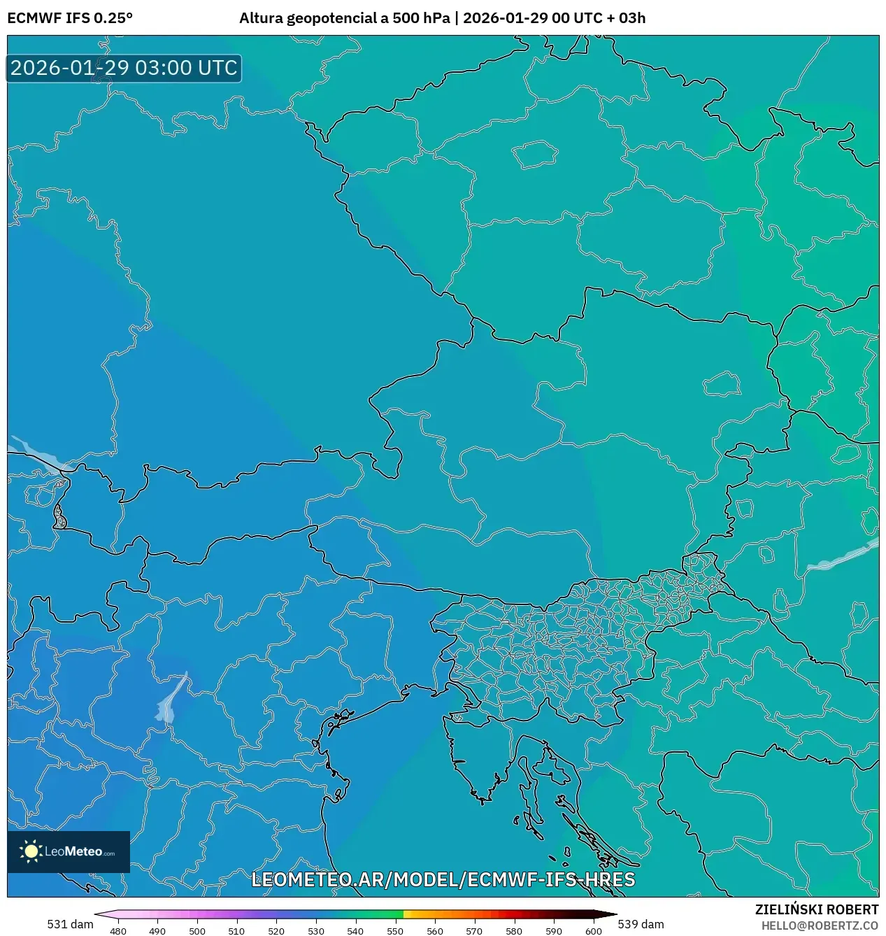 ECMWF IFS 0,25° model - Áustria, Altura geopotencial a 500 hPa