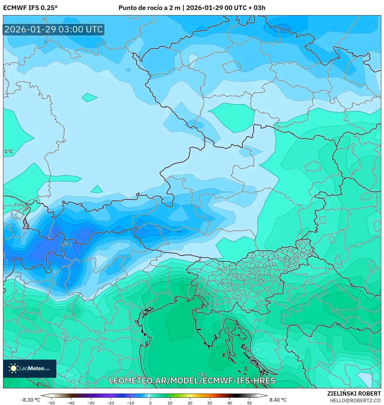 ECMWF IFS 0,25° model - Áustria, Ponto de orvalho a 2 m