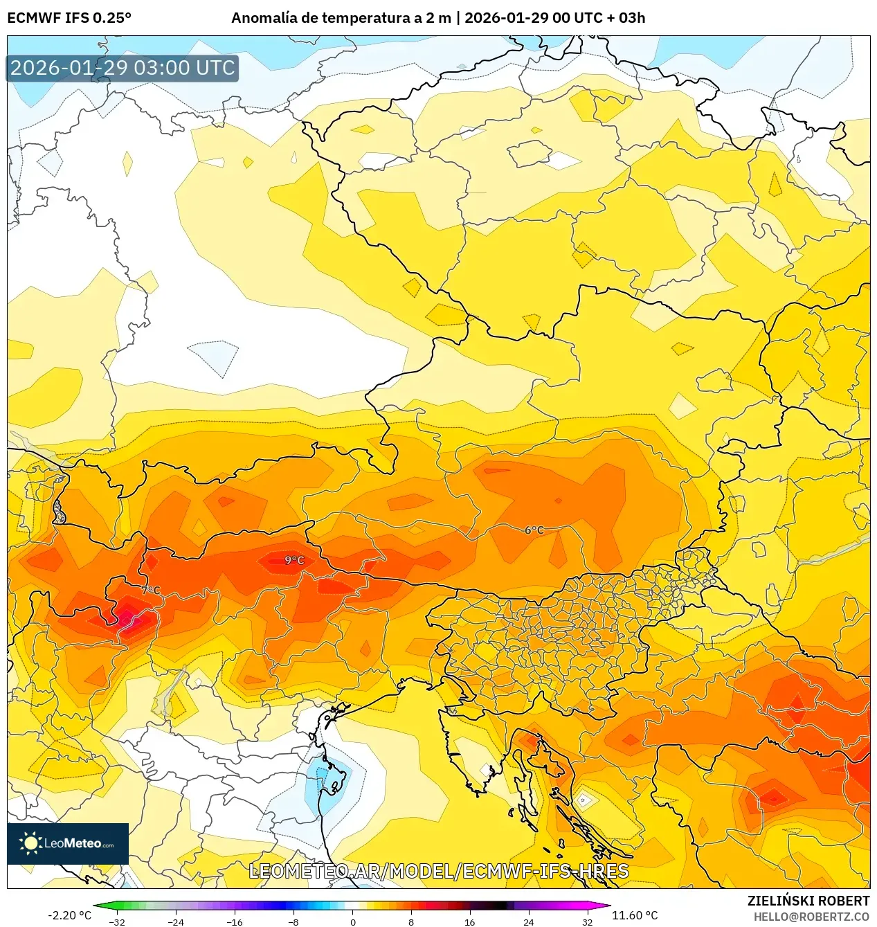 ECMWF IFS 0,25° model - Áustria, Anomalia de temperatura a 2 m