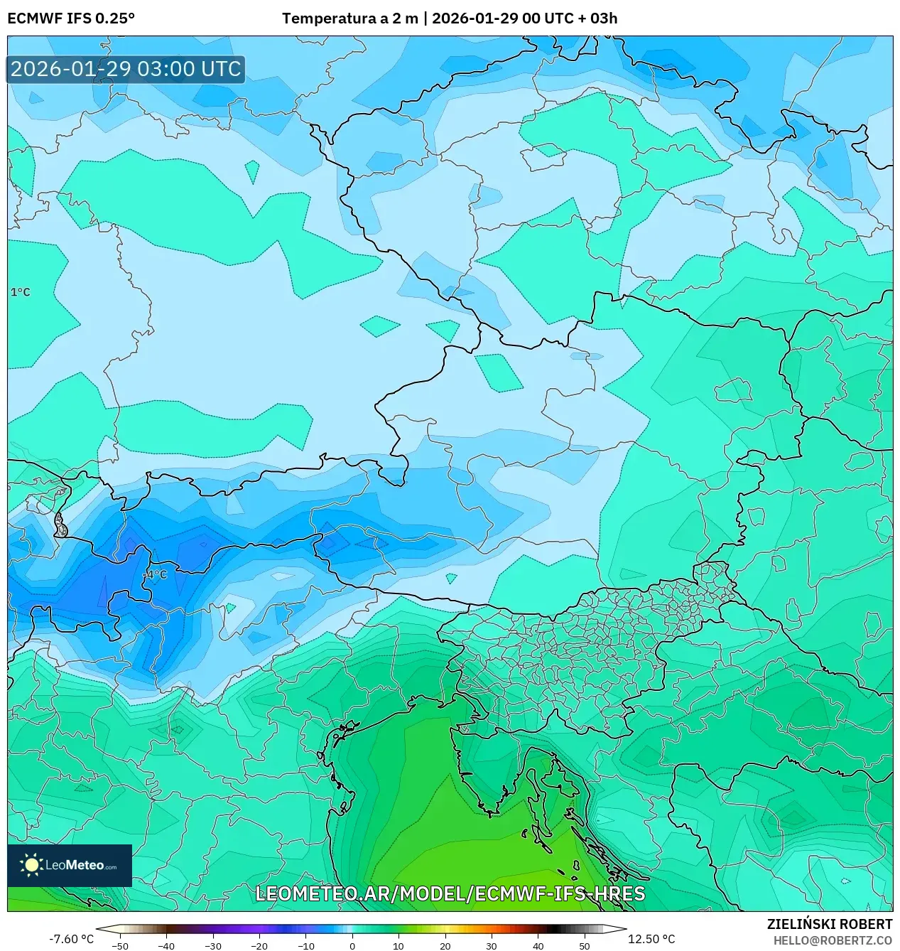 ECMWF IFS 0,25° model - Áustria, Temperatura a 2 m