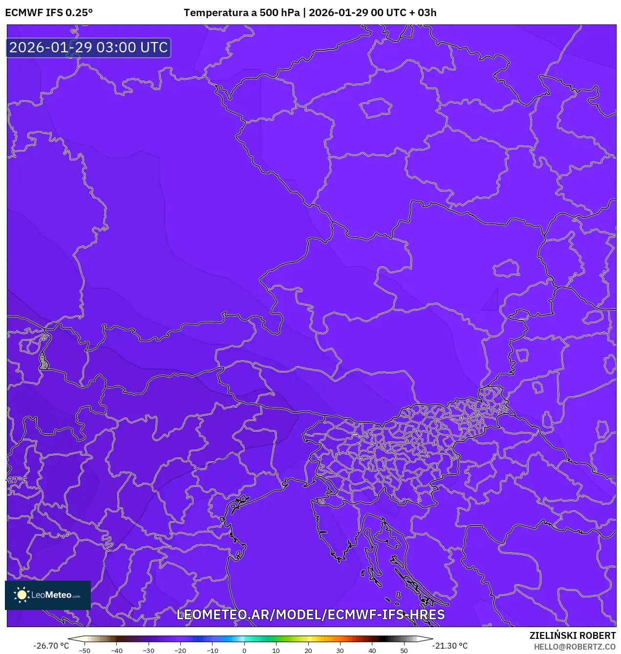 ECMWF IFS 0,25° model - Áustria, Temperatura a 500 hPa