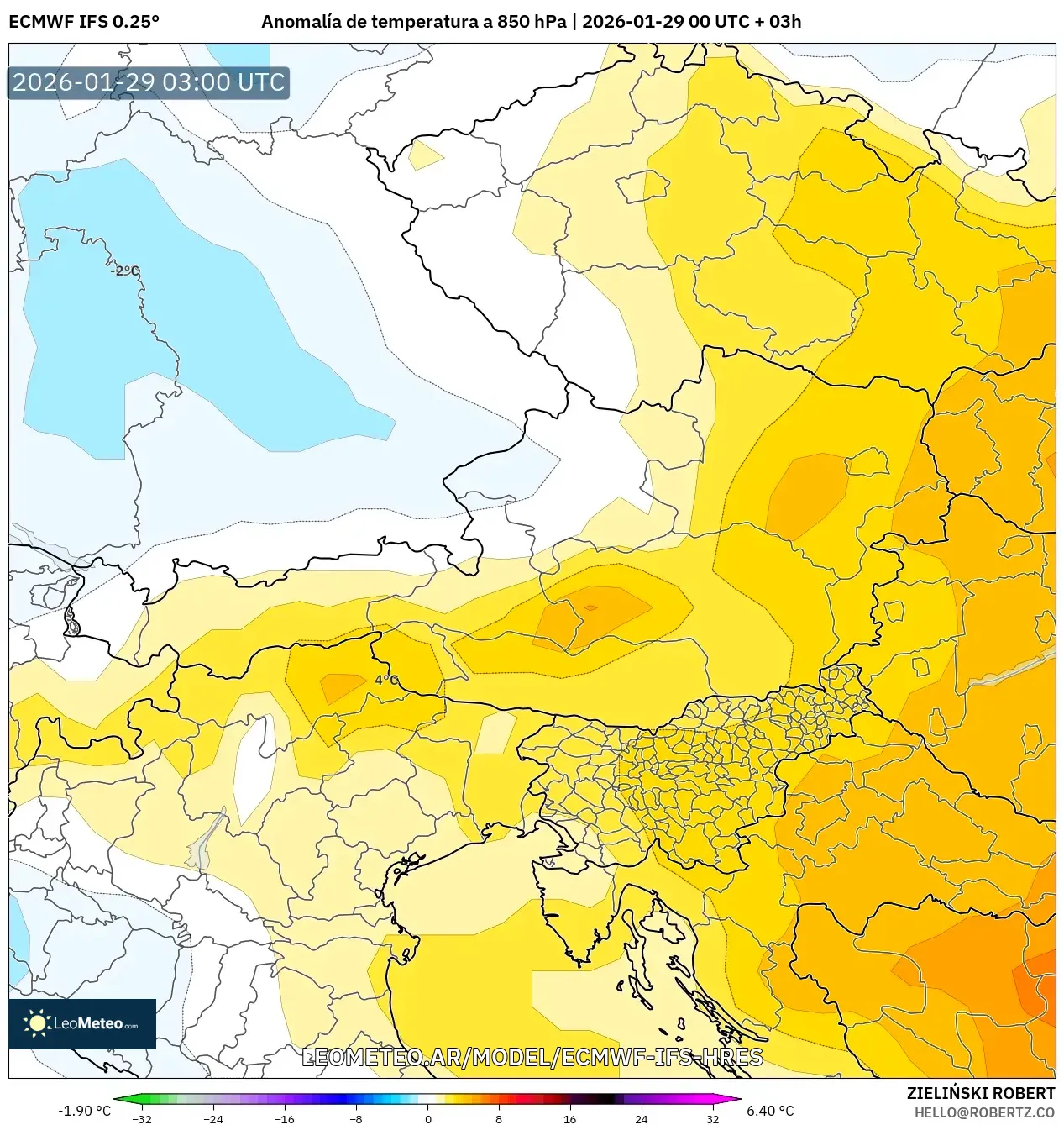 ECMWF IFS 0,25° model - Áustria, Anomalia de temperatura a 850 hPa