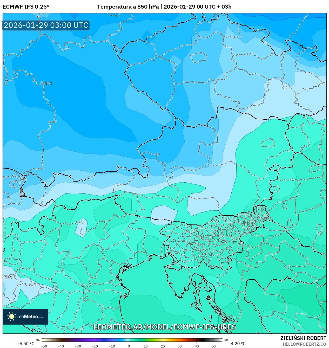 ECMWF IFS 0,25° model - Áustria, Temperatura a 850 hPa