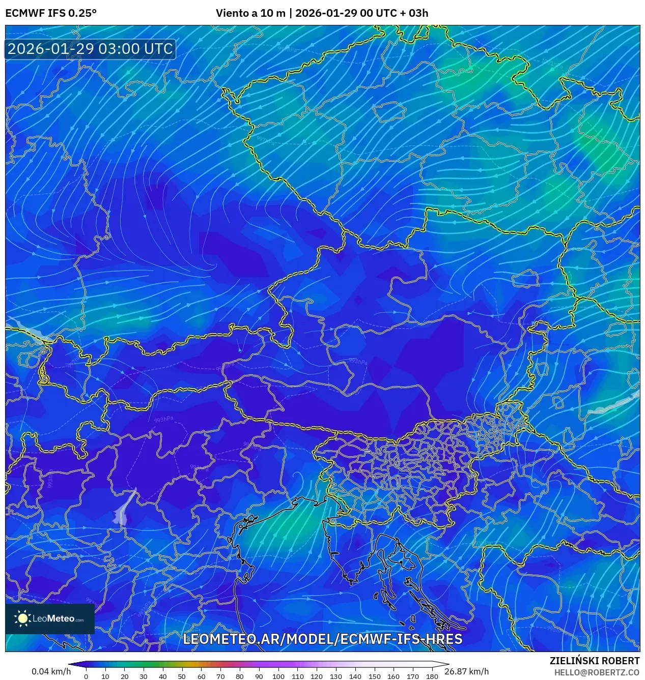 ECMWF IFS 0,25° model - Áustria, Vento a 10 m