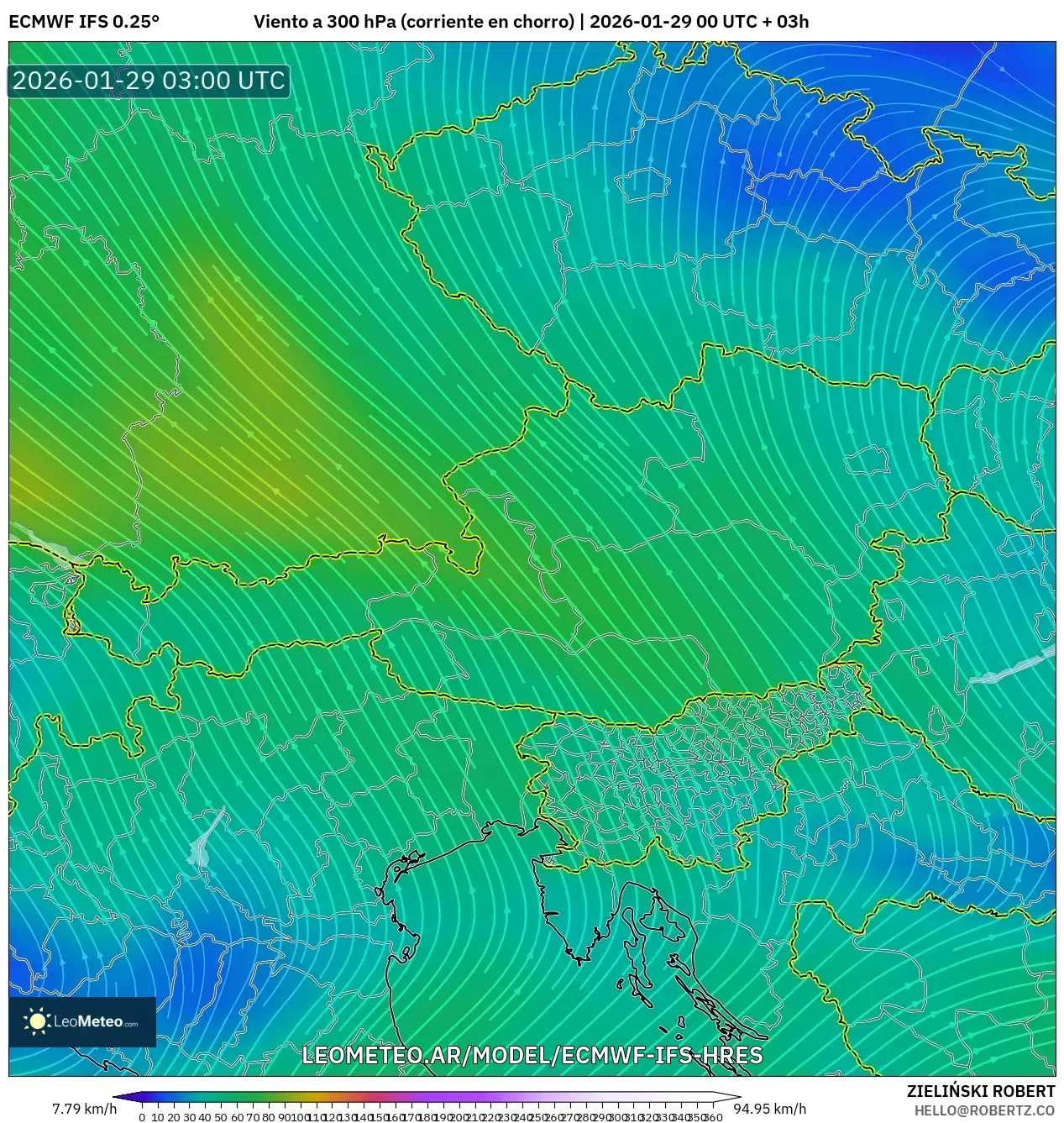 ECMWF IFS 0,25° model - Áustria, Vento a 300 hPa (corrente em jato)