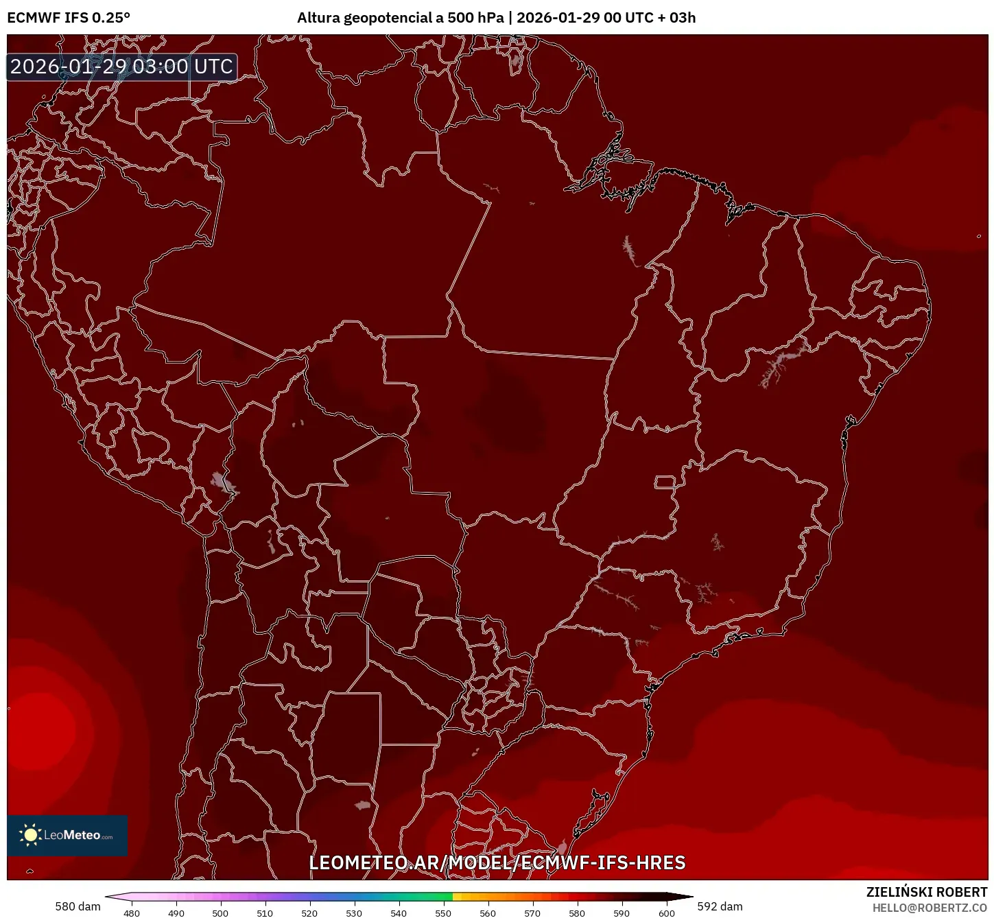 ECMWF IFS 0,25° model - Brasil, Altura geopotencial a 500 hPa