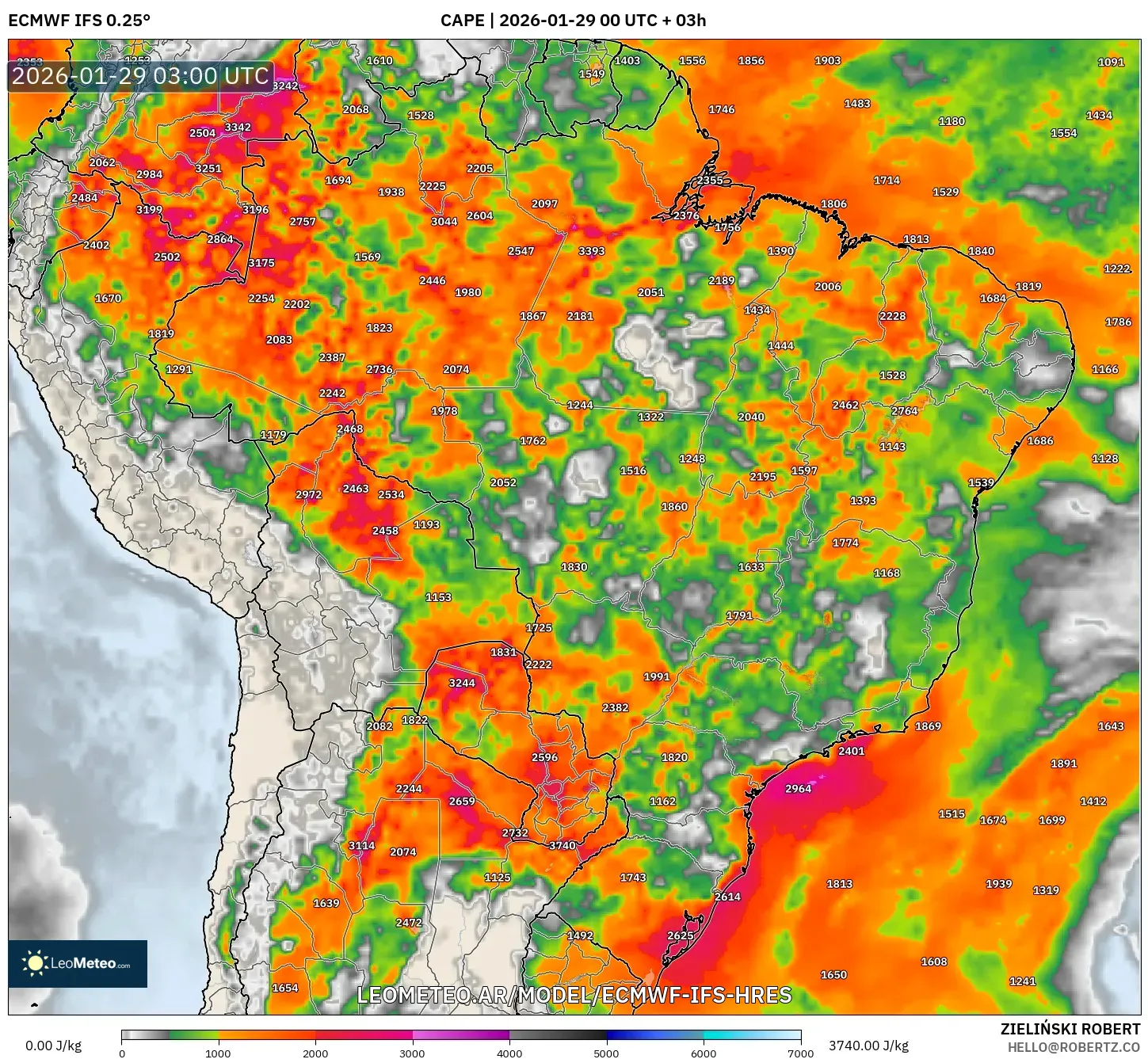 ECMWF IFS 0,25° model - Brasil, CAPE