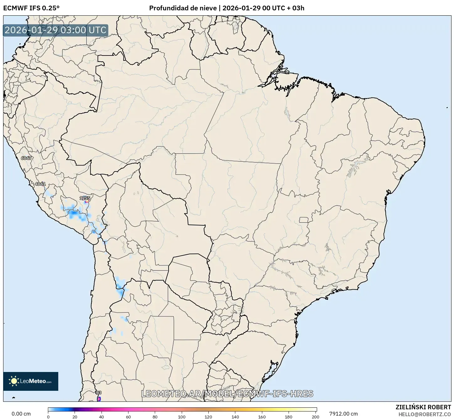 ECMWF IFS 0,25° model - Brasil, Profundidade da neve