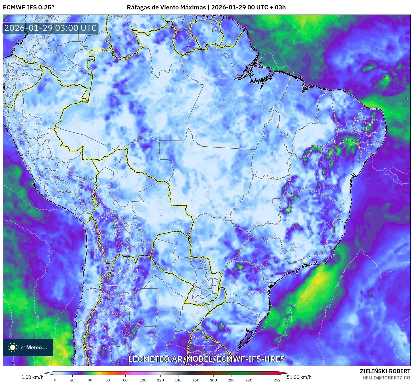 ECMWF IFS 0,25° model - Brasil, Rajadas de Vento Máximas
