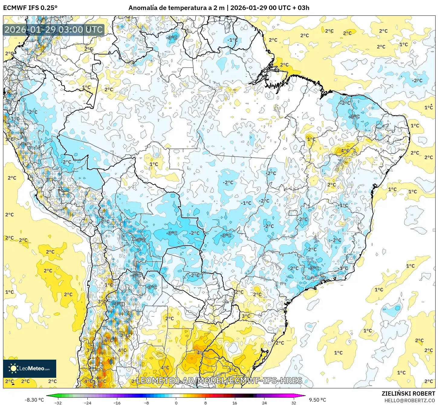 ECMWF IFS 0,25° model - Brasil, Anomalia de temperatura a 2 m