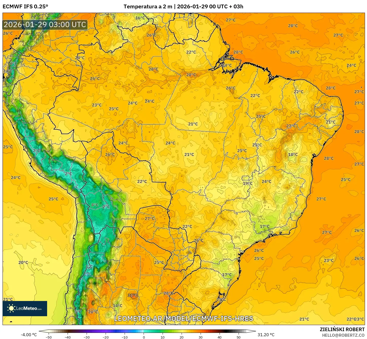 ECMWF IFS 0,25° model - Brasil, Temperatura a 2 m
