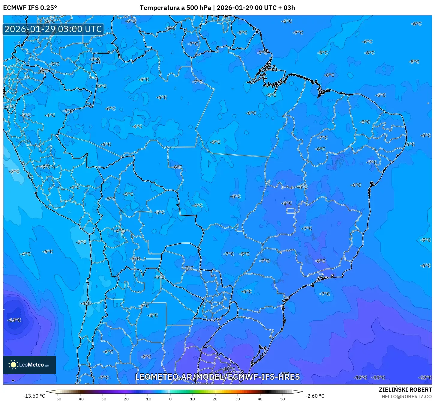 ECMWF IFS 0,25° model - Brasil, Temperatura a 500 hPa
