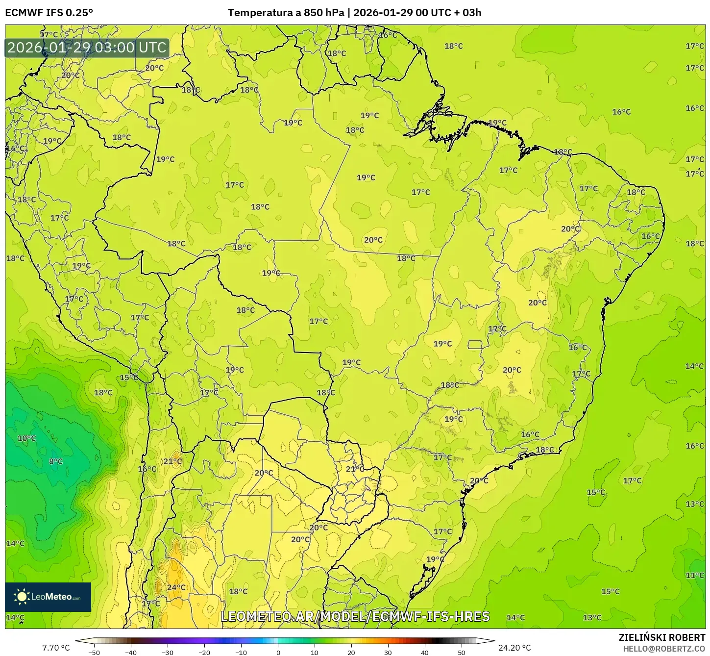 ECMWF IFS 0,25° model - Brasil, Temperatura a 850 hPa