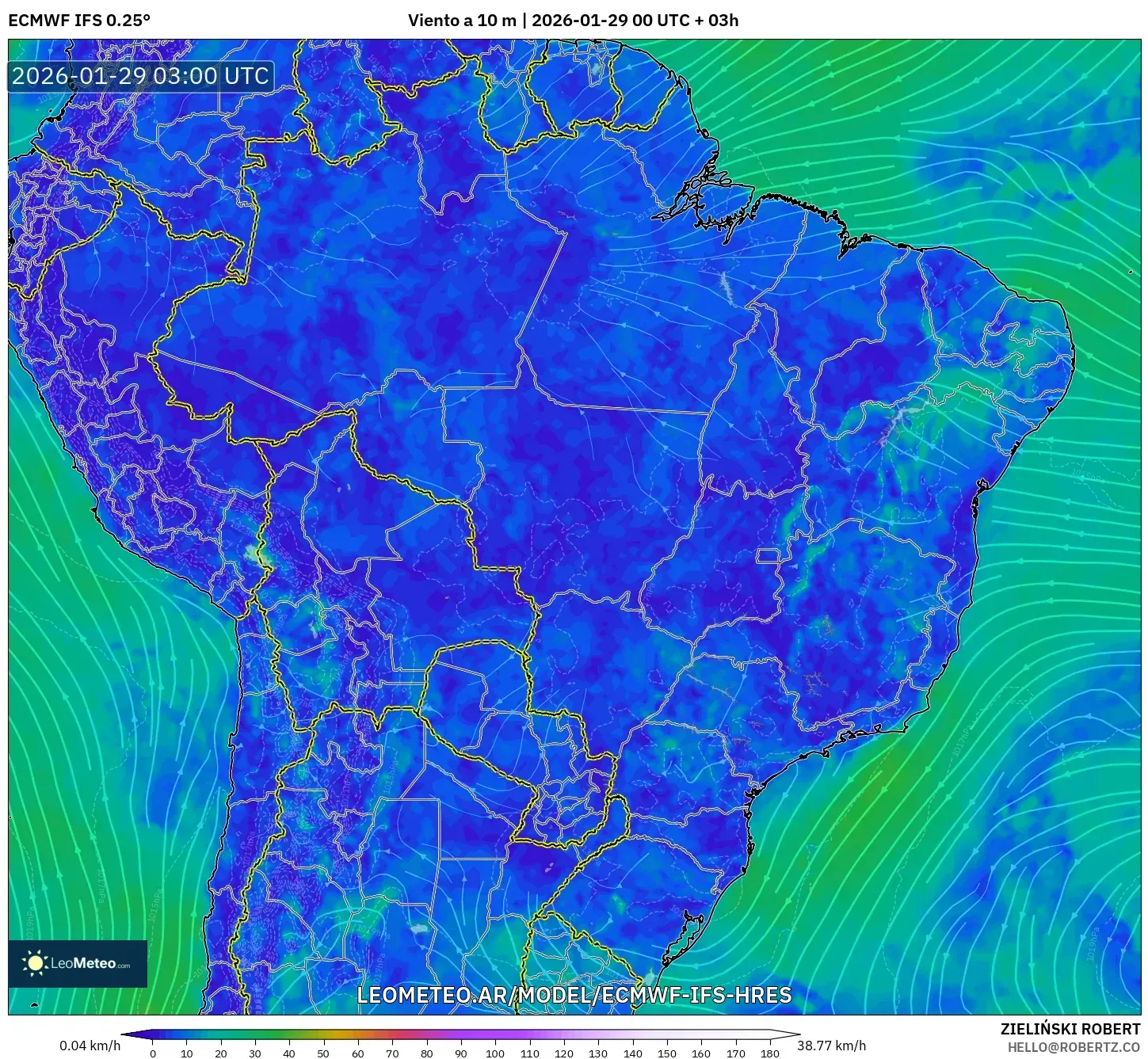 ECMWF IFS 0,25° model - Brasil, Vento a 10 m