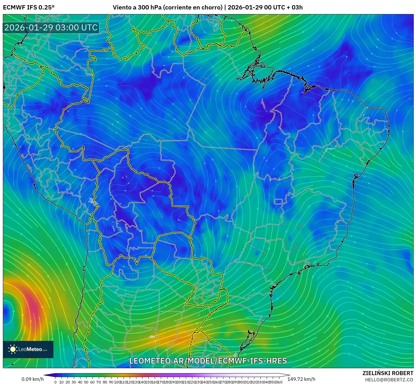 ECMWF IFS 0,25° model - Brasil, Vento a 300 hPa (corrente em jato)
