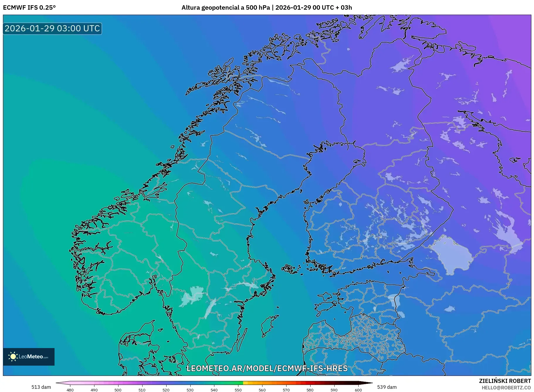 ECMWF IFS 0,25° model - Escandinávia, Altura geopotencial a 500 hPa