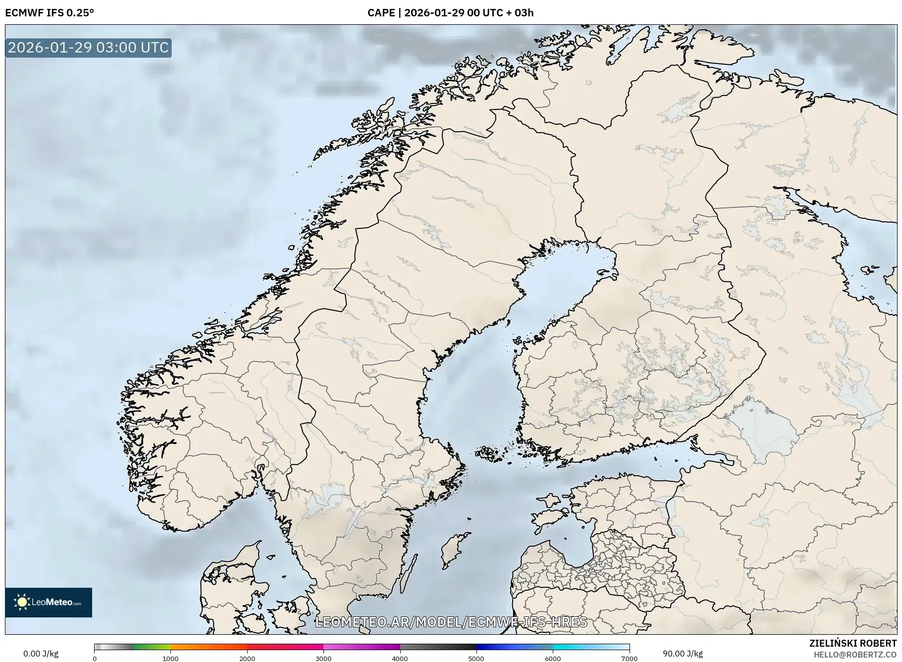 ECMWF IFS 0,25° model - Escandinávia, CAPE