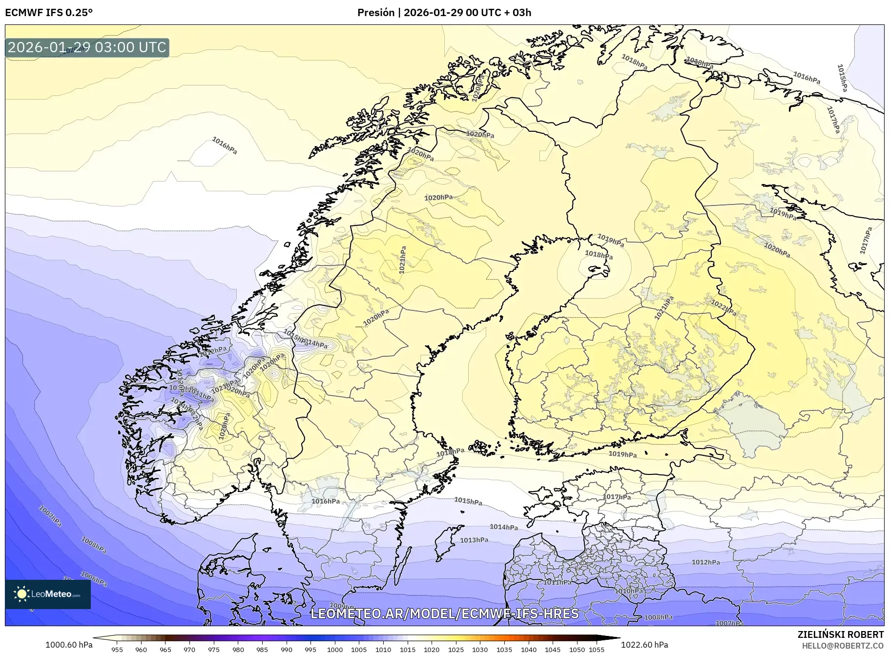 ECMWF IFS 0,25° model - Escandinávia, Pressão