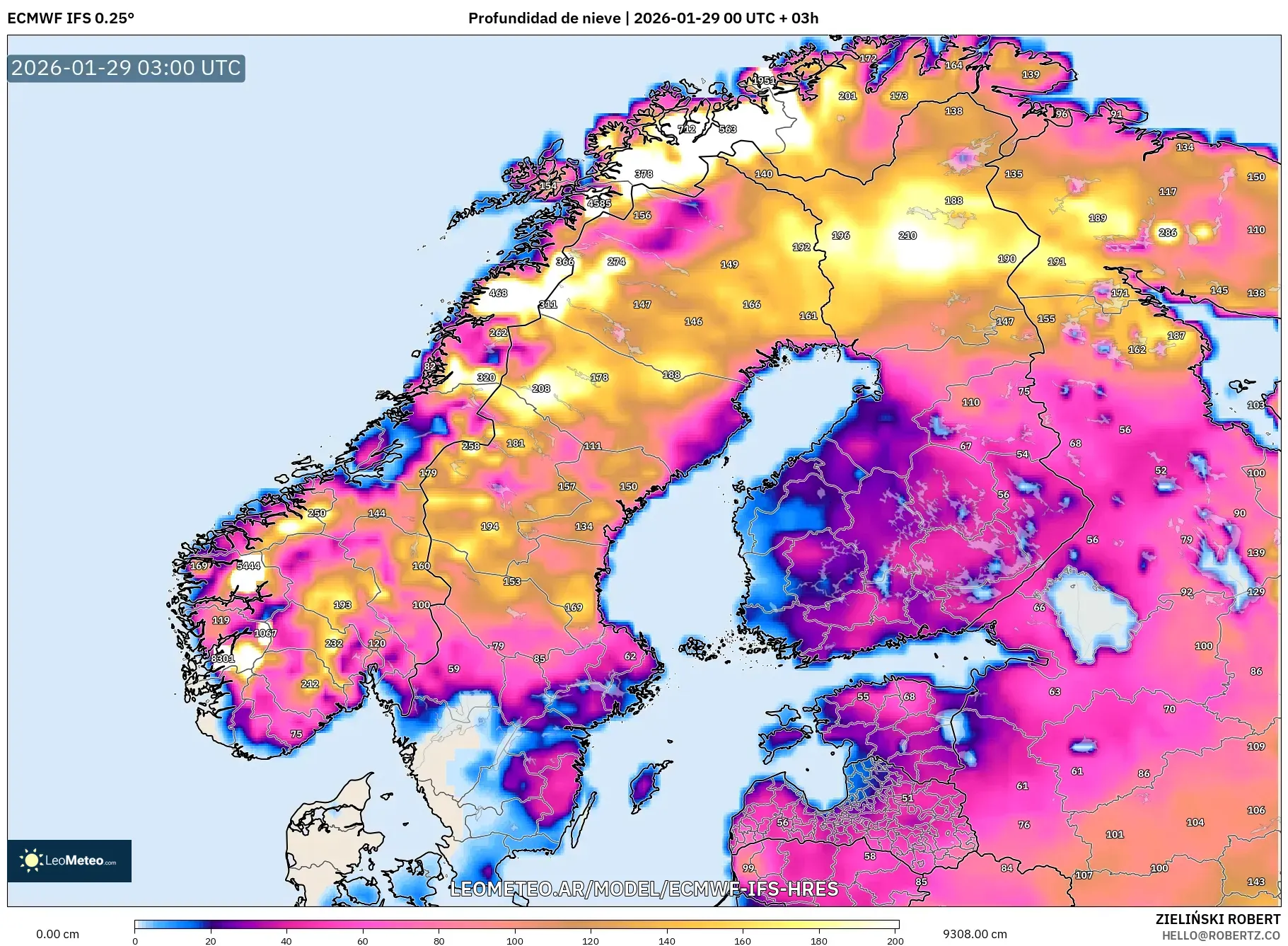 ECMWF IFS 0,25° model - Escandinávia, Profundidade da neve