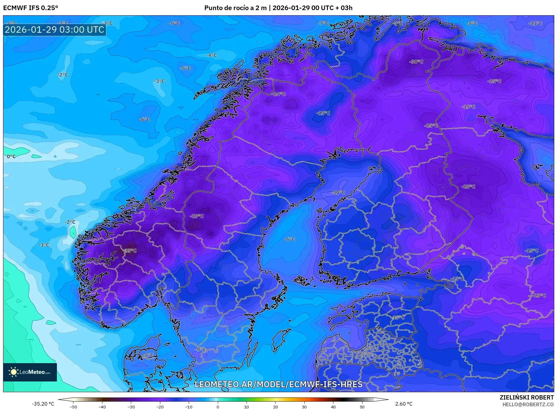 ECMWF IFS 0,25° model - Escandinávia, Ponto de orvalho a 2 m