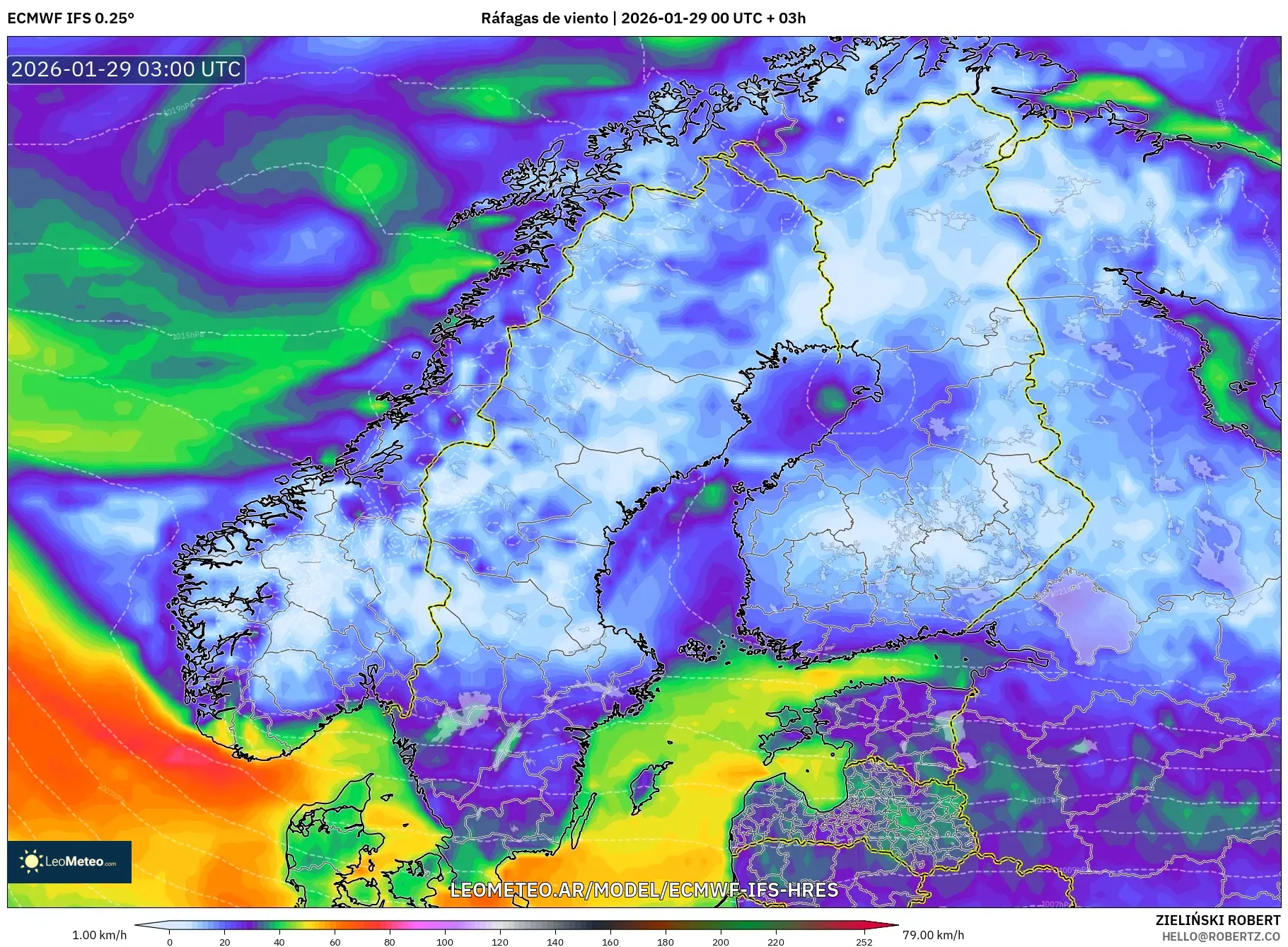 ECMWF IFS 0,25° model - Escandinávia, Rajadas de vento
