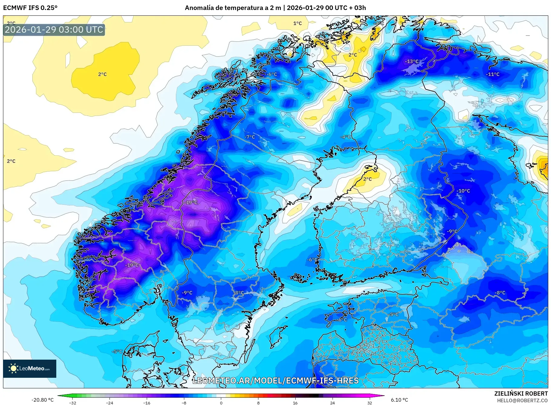 ECMWF IFS 0,25° model - Escandinávia, Anomalia de temperatura a 2 m