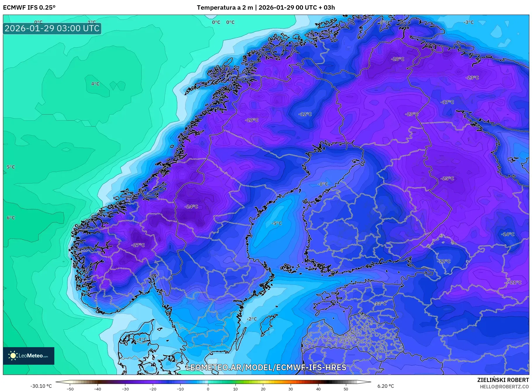 ECMWF IFS 0,25° model - Escandinávia, Temperatura a 2 m