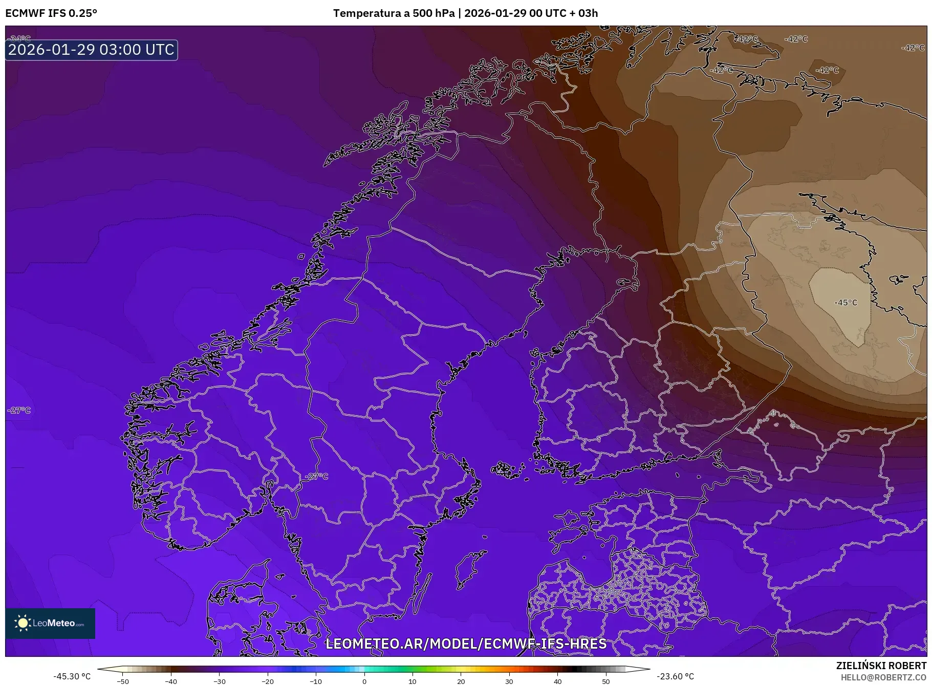 ECMWF IFS 0,25° model - Escandinávia, Temperatura a 500 hPa