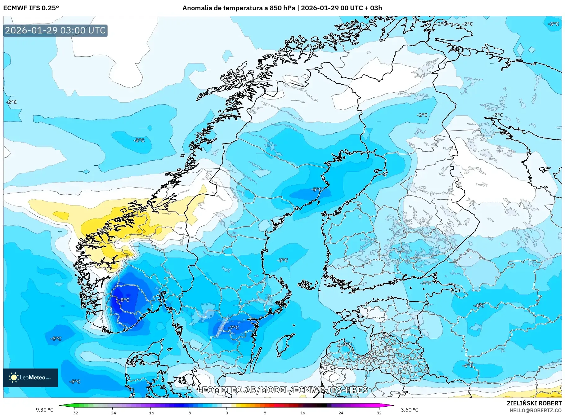 ECMWF IFS 0,25° model - Escandinávia, Anomalia de temperatura a 850 hPa