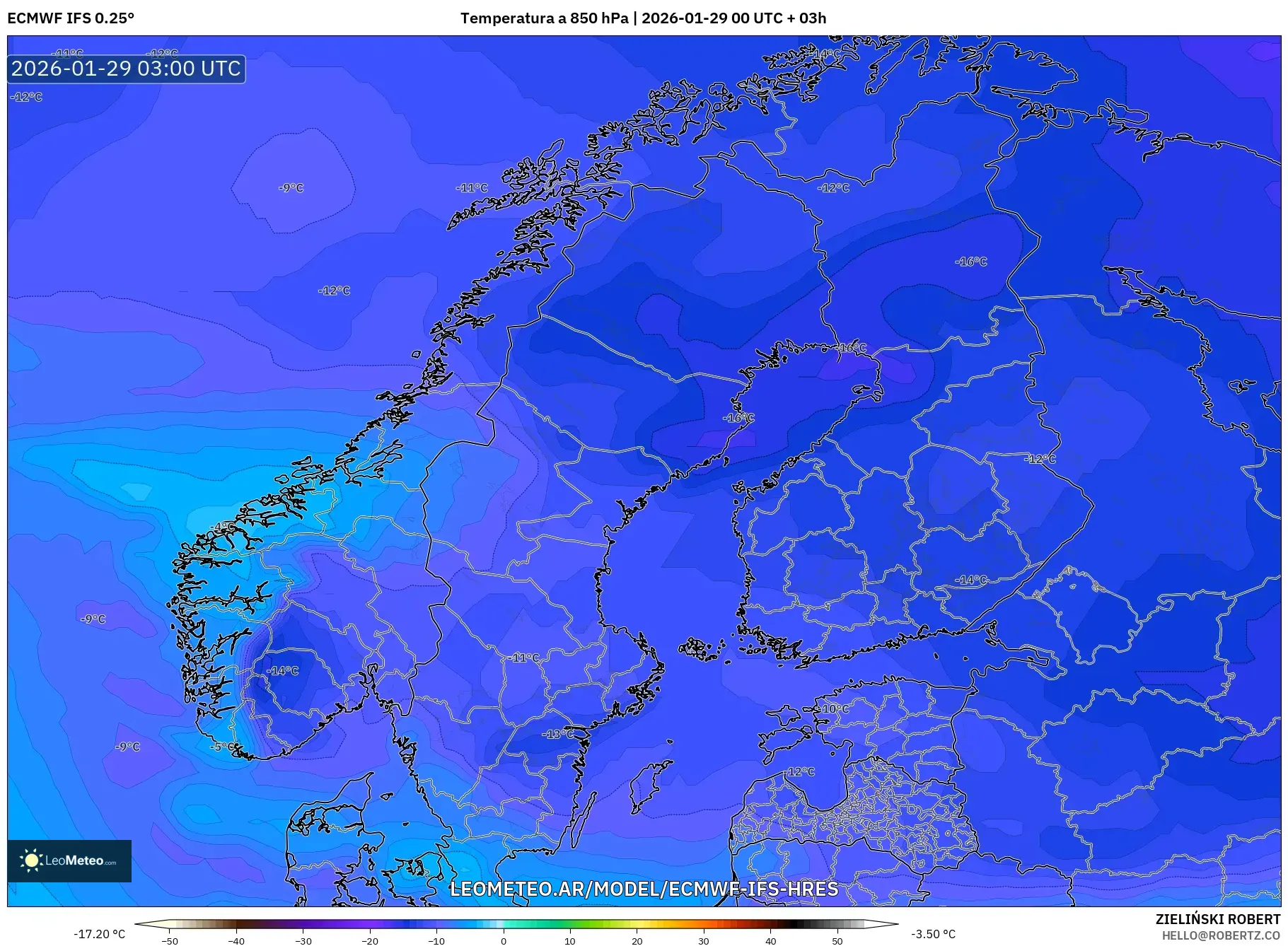 ECMWF IFS 0,25° model - Escandinávia, Temperatura a 850 hPa
