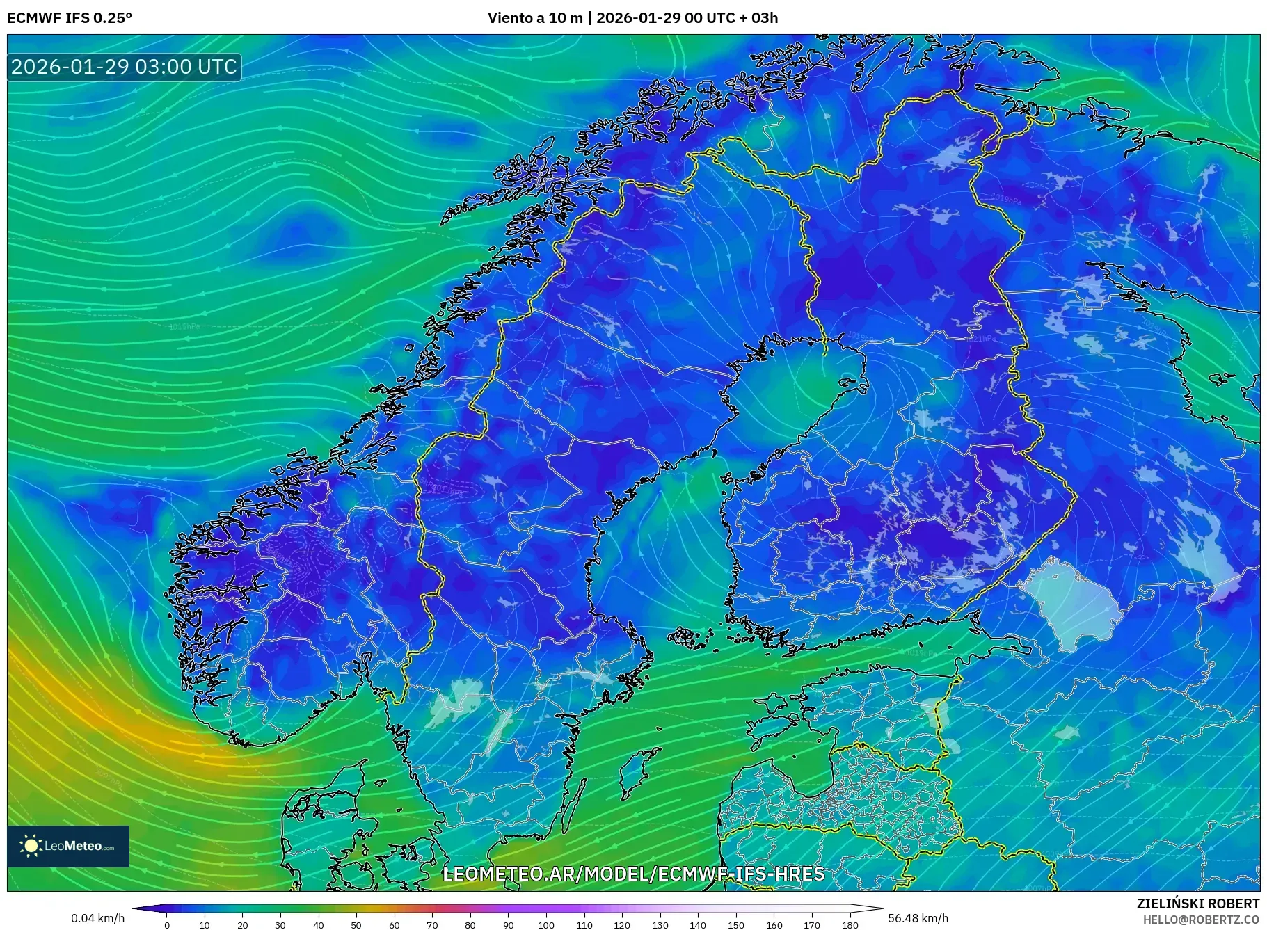 ECMWF IFS 0,25° model - Escandinávia, Vento a 10 m