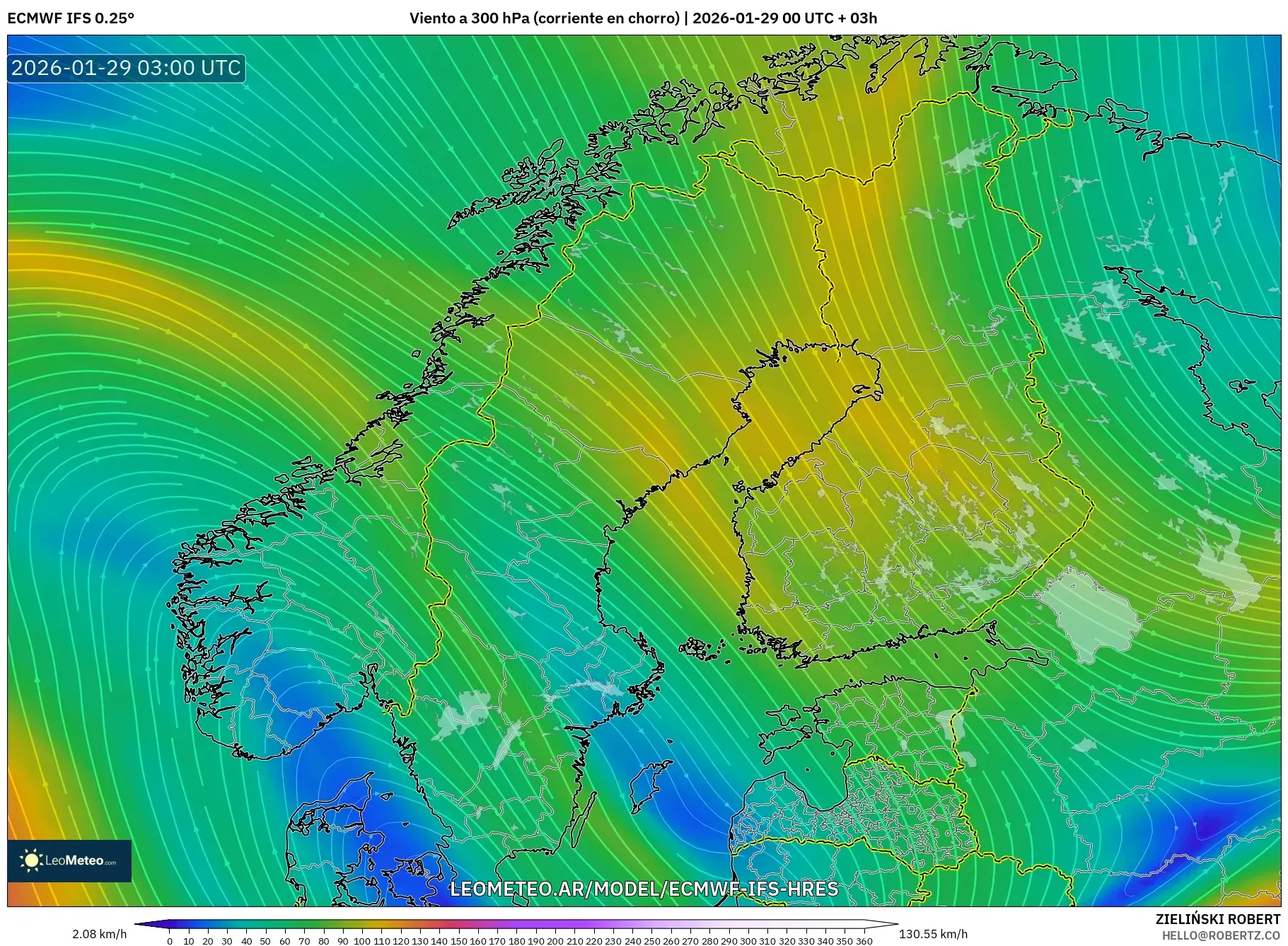 ECMWF IFS 0,25° model - Escandinávia, Vento a 300 hPa (corrente em jato)