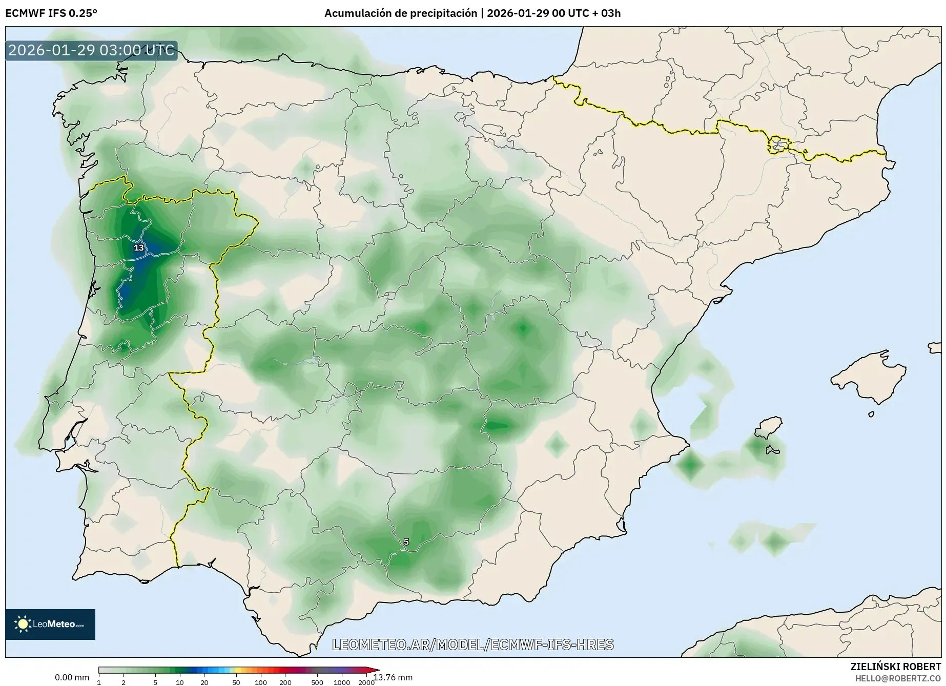 ECMWF IFS 0,25° model - Espanha, Acúmulo de precipitação