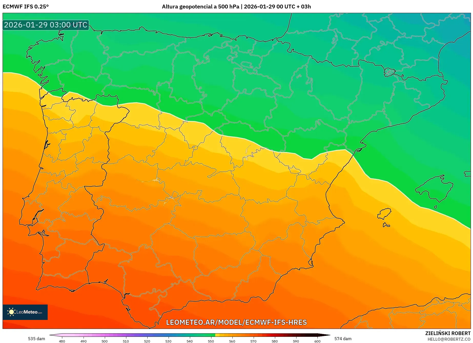 ECMWF IFS 0,25° model - Espanha, Altura geopotencial a 500 hPa