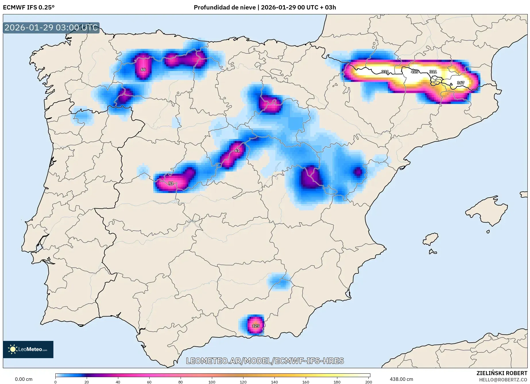 ECMWF IFS 0,25° model - Espanha, Profundidade da neve