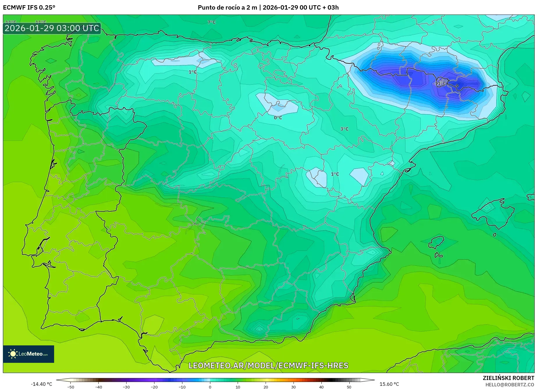 ECMWF IFS 0,25° model - Espanha, Ponto de orvalho a 2 m