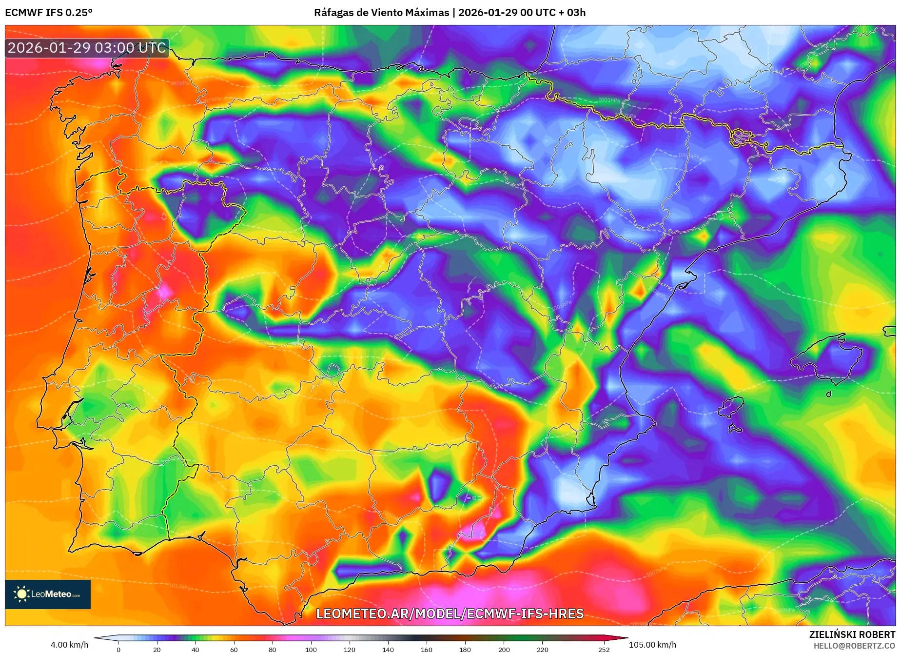 ECMWF IFS 0,25° model - Espanha, Rajadas de Vento Máximas