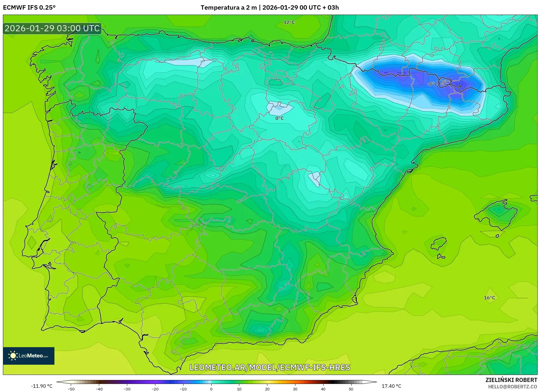 ECMWF IFS 0,25° model - Espanha, Temperatura a 2 m