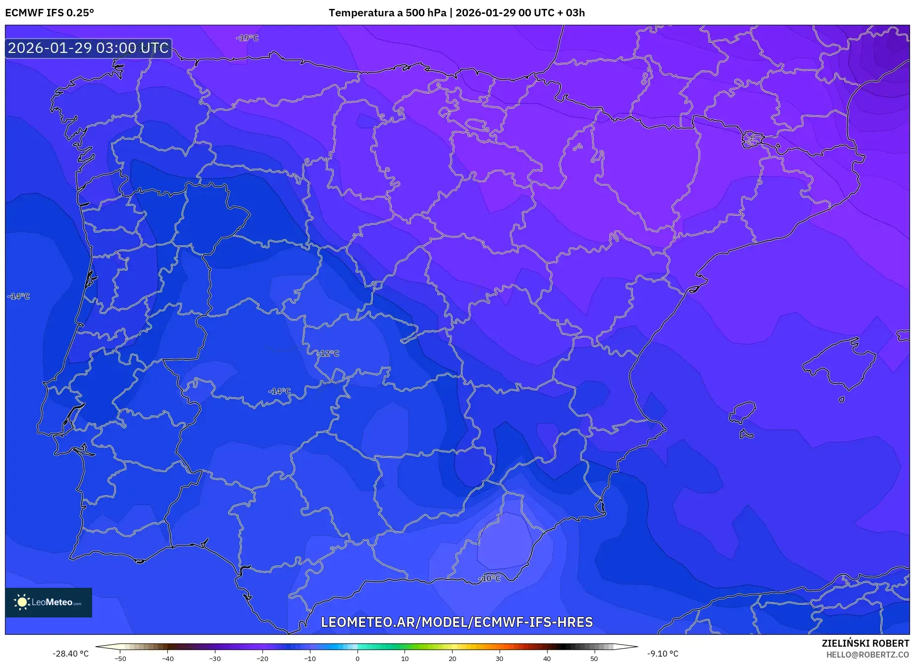 ECMWF IFS 0,25° model - Espanha, Temperatura a 500 hPa