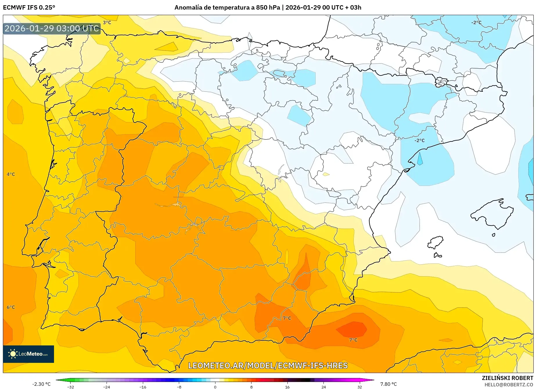 ECMWF IFS 0,25° model - Espanha, Anomalia de temperatura a 850 hPa