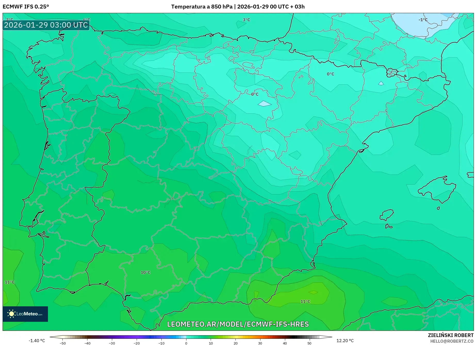 ECMWF IFS 0,25° model - Espanha, Temperatura a 850 hPa