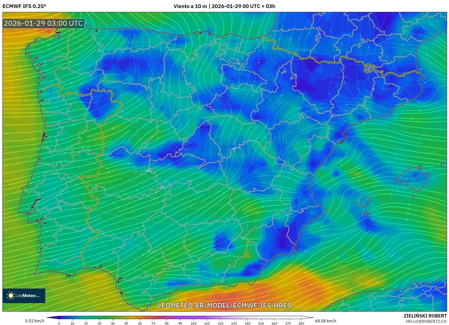 ECMWF IFS 0,25° model - Espanha, Vento a 10 m