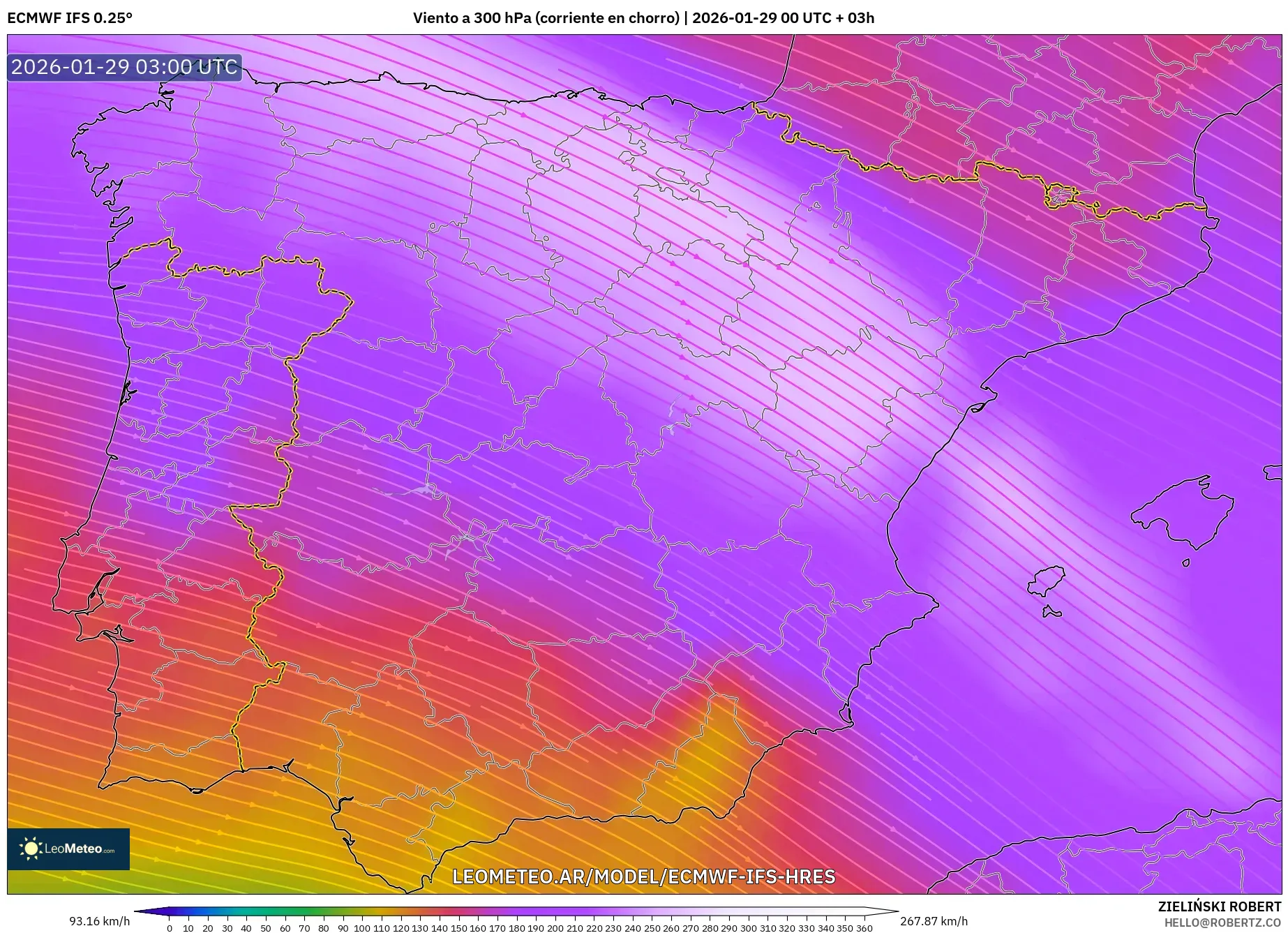ECMWF IFS 0,25° model - Espanha, Vento a 300 hPa (corrente em jato)