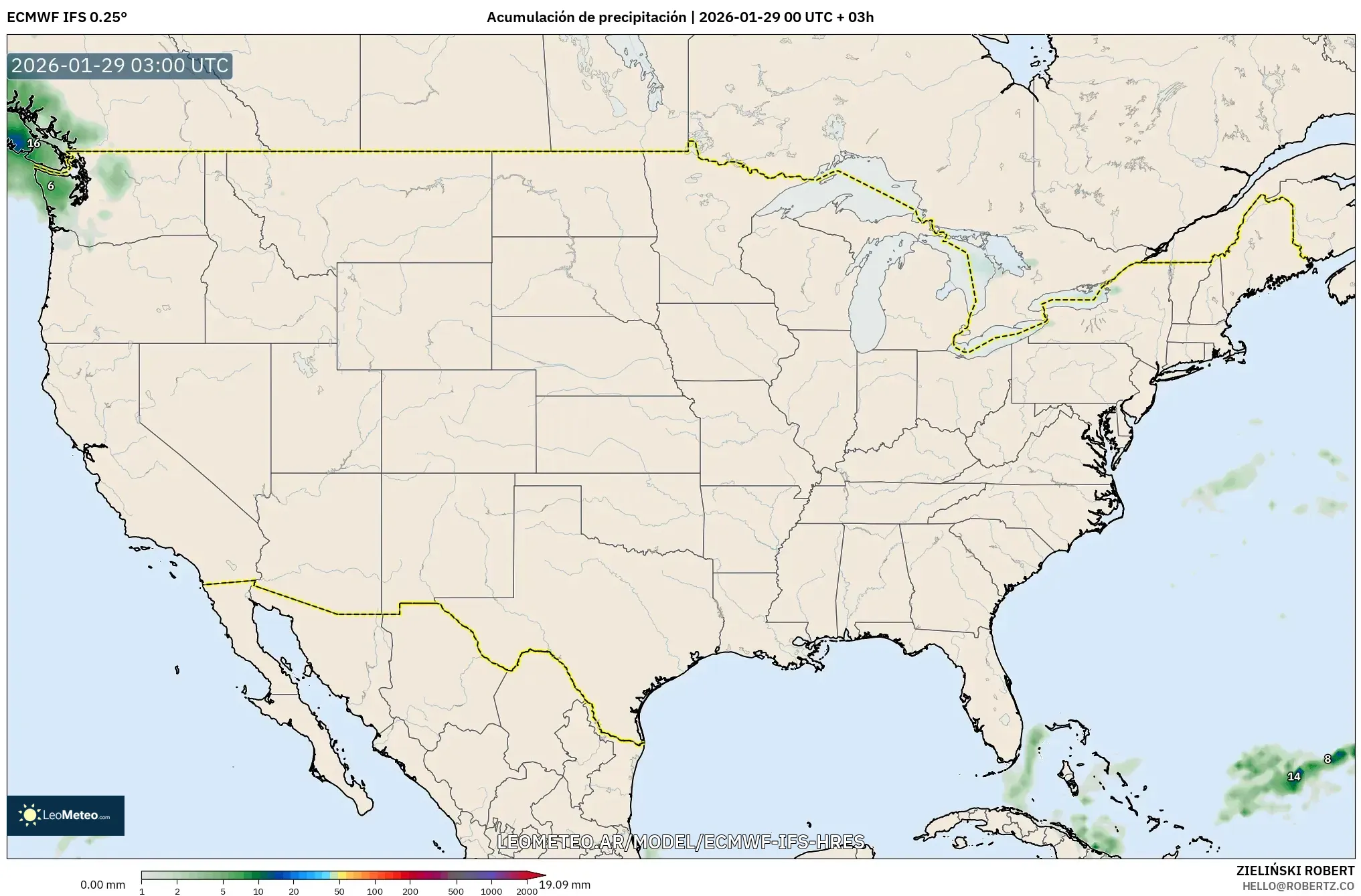 ECMWF IFS 0,25° model - Estados Unidos, Acúmulo de precipitação