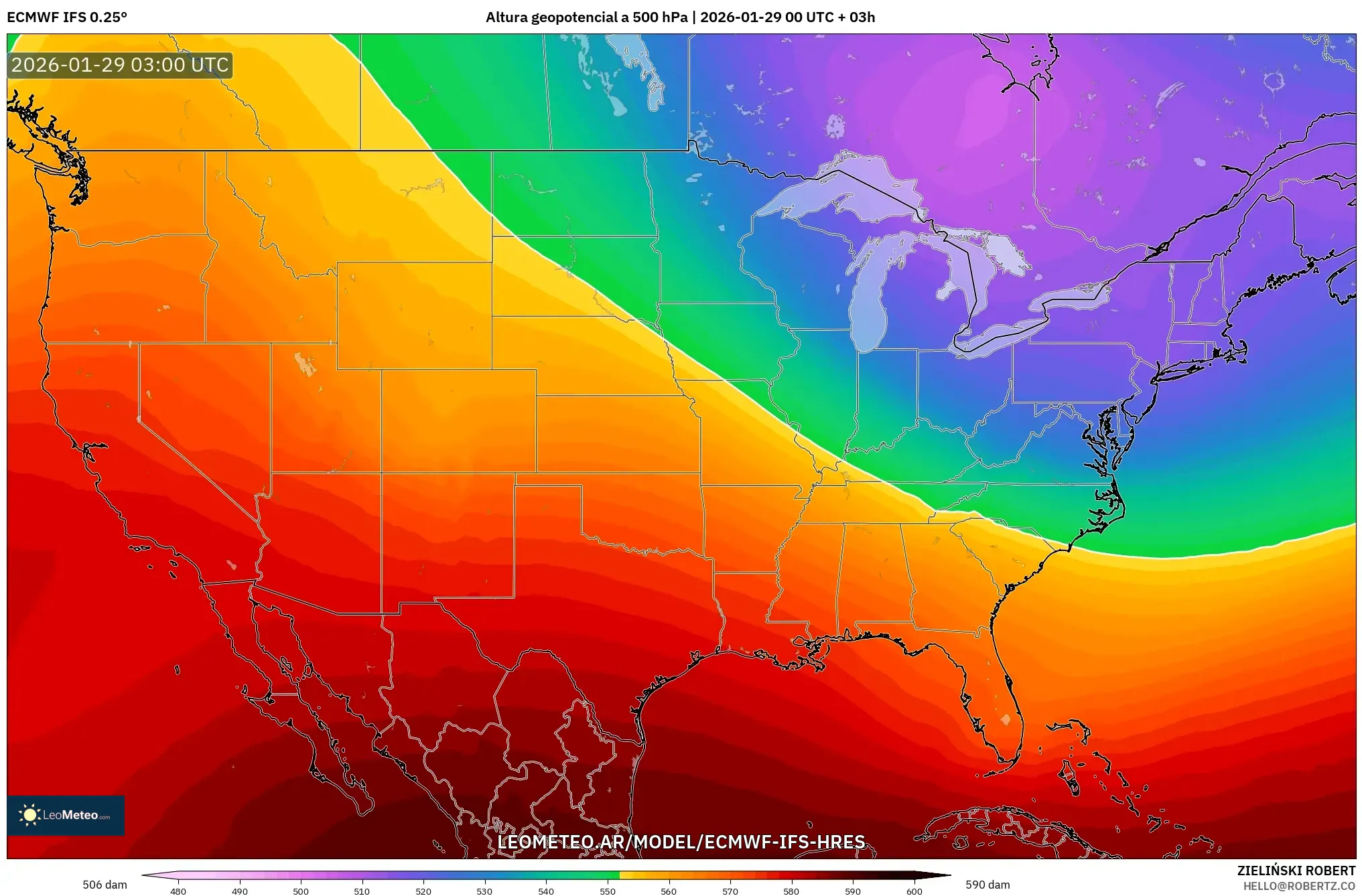 ECMWF IFS 0,25° model - Estados Unidos, Altura geopotencial a 500 hPa
