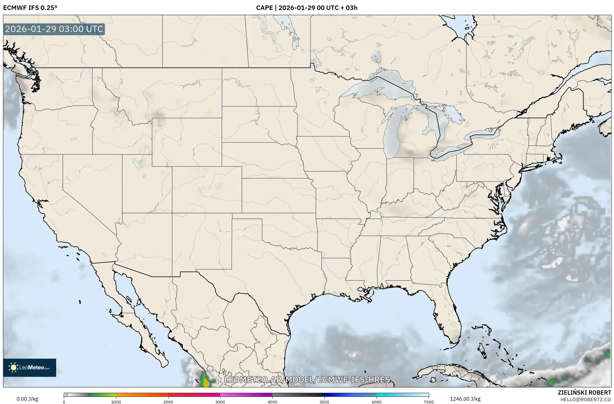 ECMWF IFS 0,25° model - Estados Unidos, CAPE