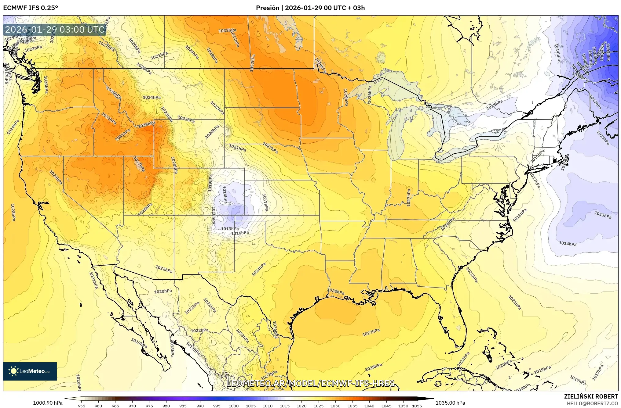 ECMWF IFS 0,25° model - Estados Unidos, Pressão