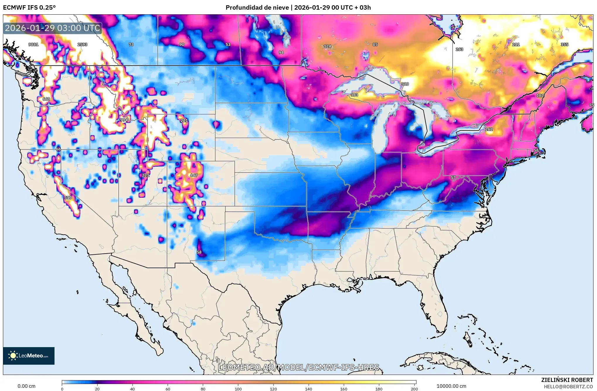 ECMWF IFS 0,25° model - Estados Unidos, Profundidade da neve