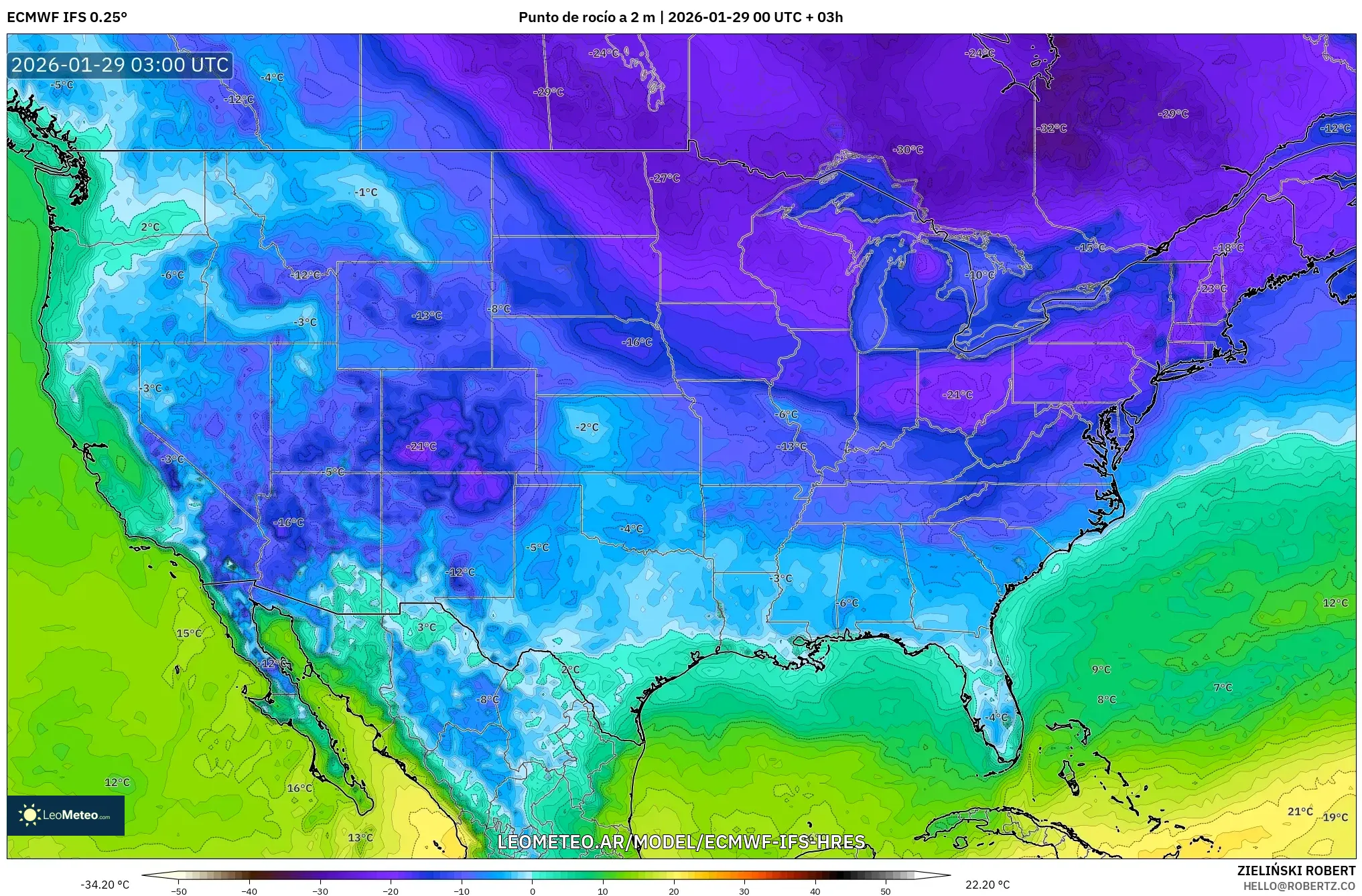 ECMWF IFS 0,25° model - Estados Unidos, Ponto de orvalho a 2 m