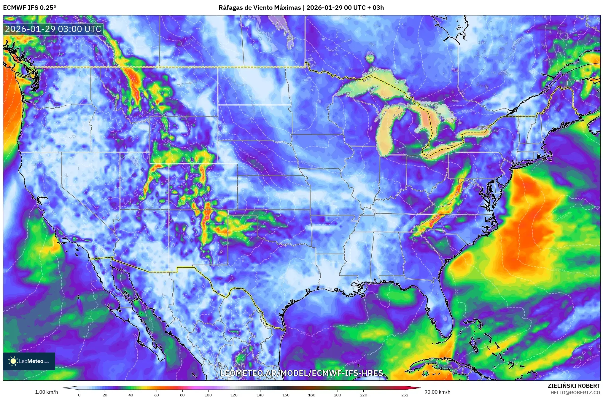 ECMWF IFS 0,25° model - Estados Unidos, Rajadas de Vento Máximas